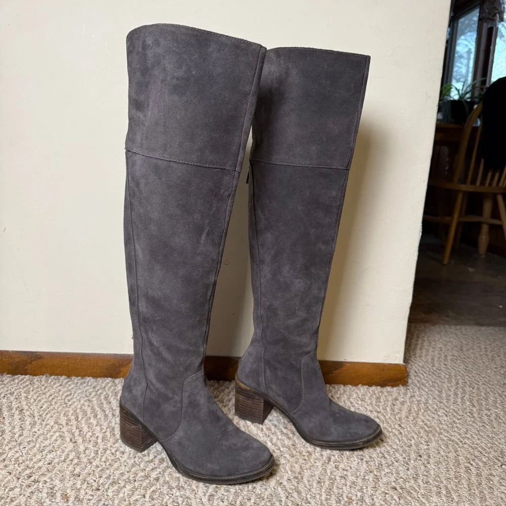 Lucky Brand Rayla Grey Leather Suede Over The Knee Boots Women's 7.5M Block Heel